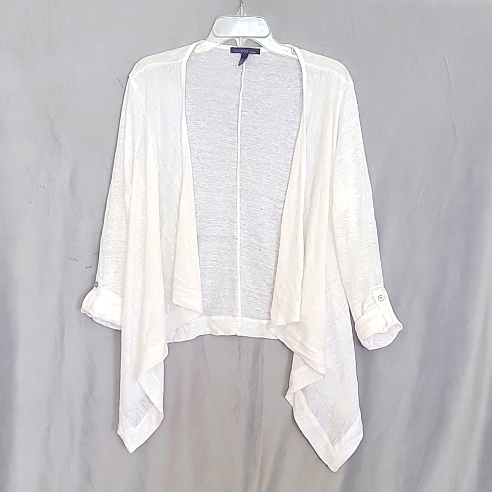 Violeta By Mango 100% Linen Cardigan with Roll-UP Sleeves, Color White, Size XS